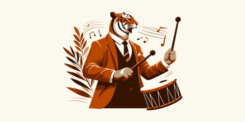 Tiger Drummer Illustration Vintage Music Animal Concept