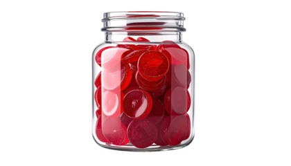 Jar filled with flat, round, translucent red candies