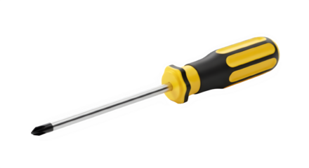 Close up of a yellow and black handled screwdriver on a black background
