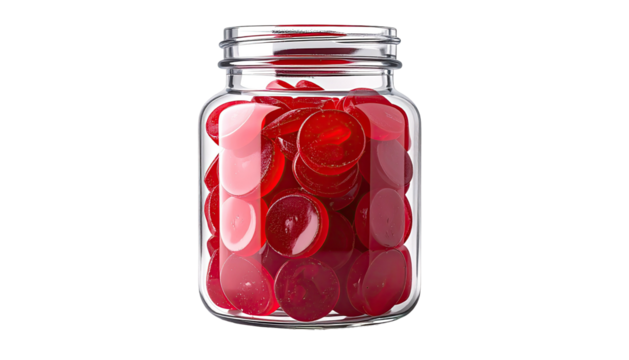Jar filled with flat, round, translucent red candies