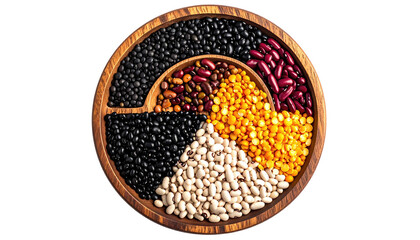 Assorted beans and lentils arranged in a segmented wooden dish