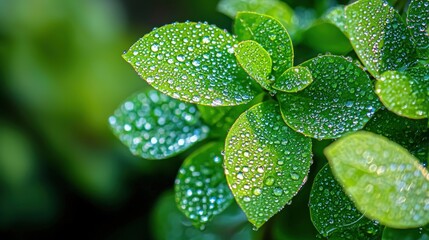 A macro shot of dew on green leaves reflecting the surrounding garden in crisp detail
