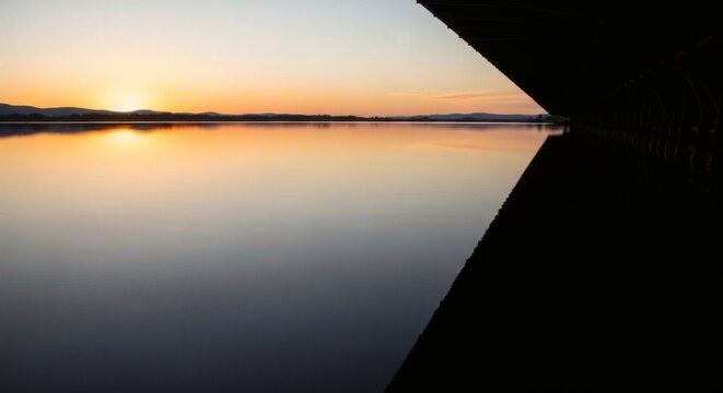 Sunrise over serene water reflecting a dark structure's edge, creating a symmetrical view