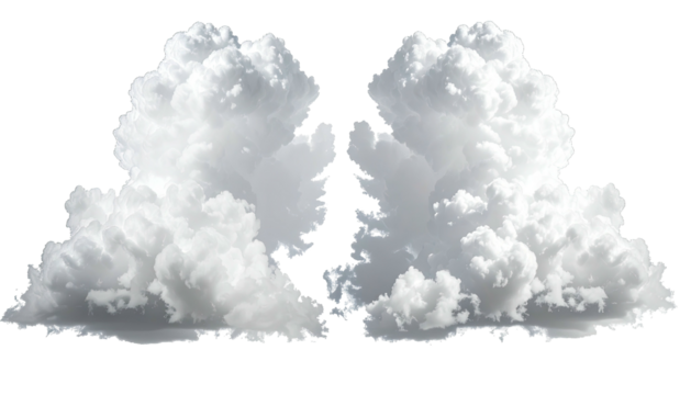 Two white, fluffy cloud formations against a dark background