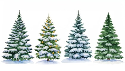 Obraz premium Watercolor Various Christmas Tree Set with Snow and Ornament Decoration Isolated