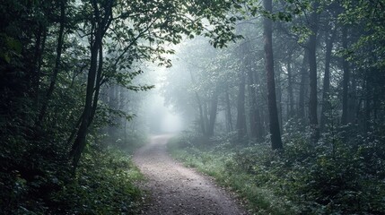A mysterious foggy forest path creates an eerie and captivating enigma as sunlight barely pierces through dense branches and swirling mist