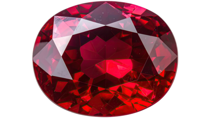 Polished, oval-cut ruby gem with vibrant red color, faceted