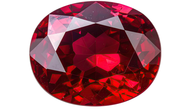 Polished, oval-cut ruby gem with vibrant red color, faceted