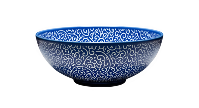 Elegant blue porcelain bowl adorned with intricate swirling white patterns on black backdrop