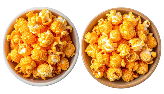 Two bowls, one full, one with less, both with bright orange popcorn
