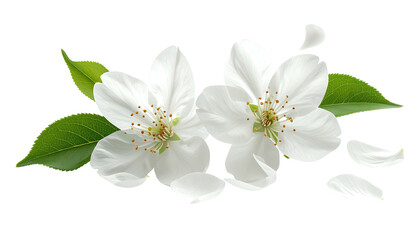 Two white blossoms with yellow centers amid green leaves