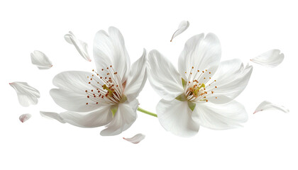 Two lovely white blossoms, surrounded by scattered petals