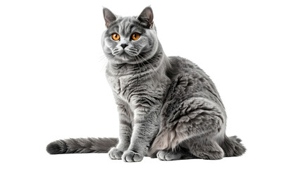 Alert grey cat sits, with bright orange eyes, against black