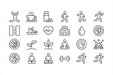 Black and white fitness and wellness line icons for exercise and health design