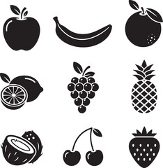 Collection of nine black fruit icons on white background