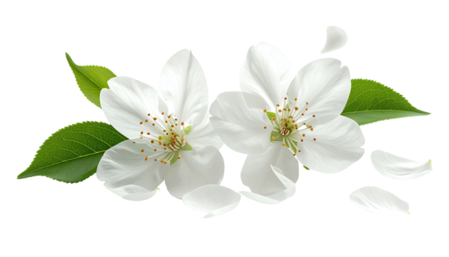 Two white blossoms with yellow centers amid green leaves