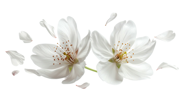 Two lovely white blossoms, surrounded by scattered petals