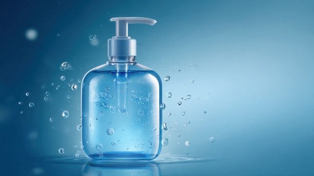 A sleek bottle filled with blue liquid soap stands elegantly with tiny water droplets around it.