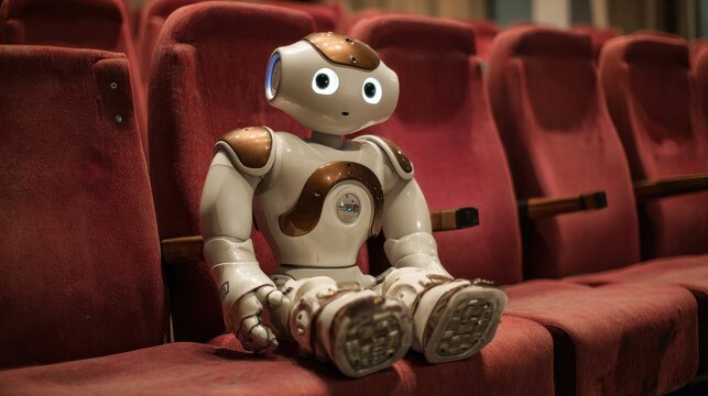 A small humanoid robot sits quietly in a theater observing the empty seats around it pondering connection.