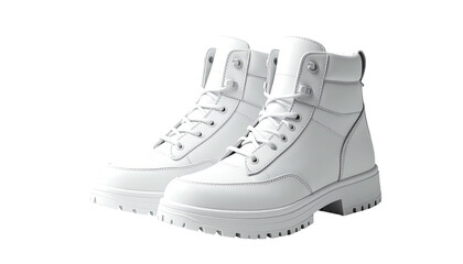 Pair of all-white, laced, lug-soled work boots, slightly angled