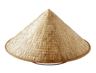 A close-up view of a traditional conical Asian hat made of woven straw.