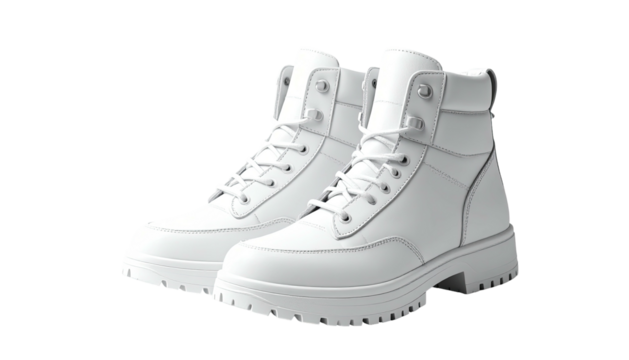 Pair of all-white, laced, lug-soled work boots, slightly angled