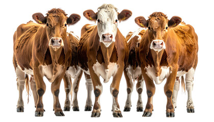 Three brown and white cows standing together facing forward