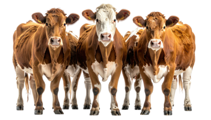 Three brown and white cows standing together facing forward