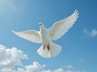 Fototapeta premium A white dove flying gracefully against a bright blue sky with fluffy clouds