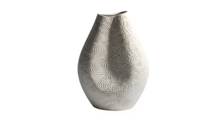 Intricate porcelain vase with spiral leaf patterns evoking subtle elegance on black background