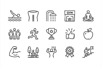 Clean outline icon set featuring gym, running, and wellness concepts