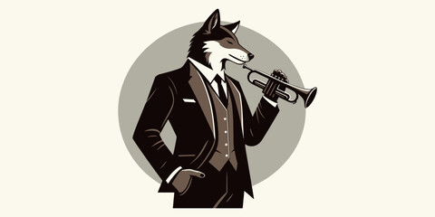 Elegant Fox Musician A Dapper Character in a Tuxedo Playing a Brass Trumpet, Perfect for Jazz-themed Designs and Sophisticated Branding Illustrations