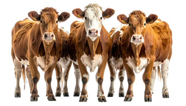 Three brown and white cows standing together facing forward