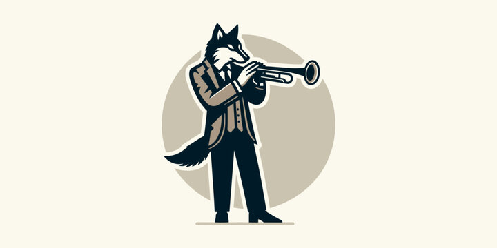 An elegant illustration of an anthropomorphic wolf in a suit playing a jazz trumpet, a sophisticated mascot logo design