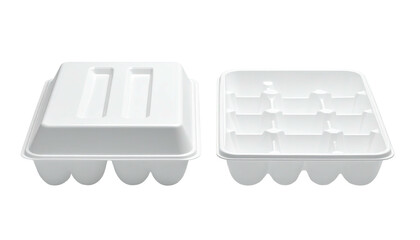 Two white, empty, molded egg cartons; one closed, one open