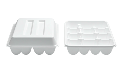 Two white, empty, molded egg cartons; one closed, one open
