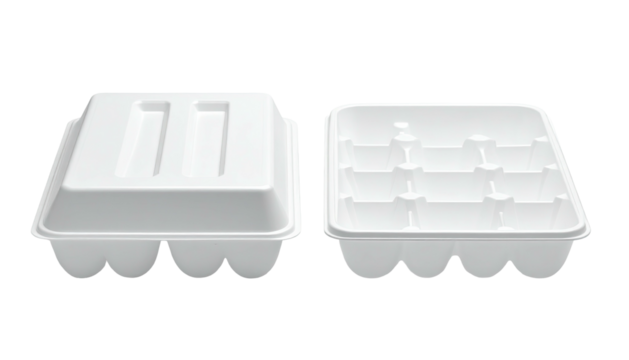 Two white, empty, molded egg cartons; one closed, one open