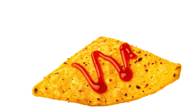 Nacho chip with ketchup drizzled, on black background, isolated