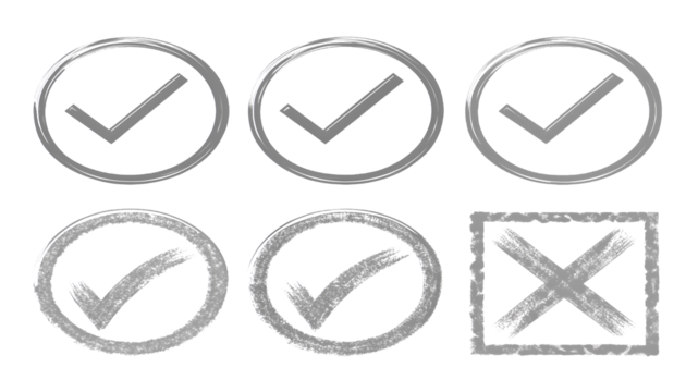 Hand drawn tick correct and incorrect symbol icon set isolated on white or transparent background
