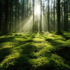 Obraz premium A vibrant forest floor covered in lush green moss, illuminated by soft sunlight filtering through the tall trees overhead