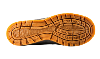 Close-up shot of the bottom sole of a brown and black shoe, showcasing the tread pattern.