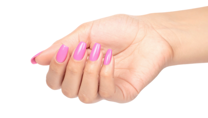 Pink manicured hand, coffin-shaped nails. Isolated on black