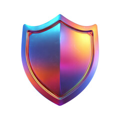 A vibrant, iridescent shield with a metallic sheen, reflecting various colors, isolated on white.