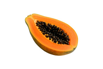 Fresh half-cut ripe papaya with juicy orange flesh and black seeds isolated on white background, tropical exotic fruit rich in vitamins and perfect for healthy diet or natural food concept