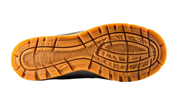 Close-up shot of the bottom sole of a brown and black shoe, showcasing the tread pattern.