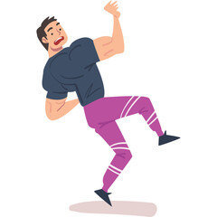 Fototapeta premium Man Tripping Unexpectedly Wearing Purple Pants and Dark Blue T-shirt with White Background and Transparent Overlay
