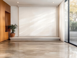 Elegant interior space features large windows and polished concrete floor with minimalist design