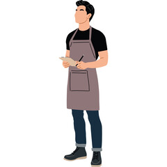 Man Wearing Apron Holding Notepad and Pen Standing Against White Background Minimalist Style