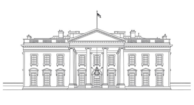 A detailed architectural line drawing of the White House, showcasing its neoclassical design and prominent columns.