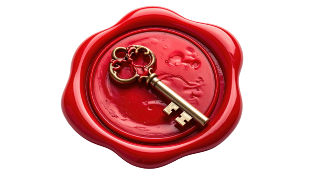 Red sealing wax with key, isolated against a dark backdrop